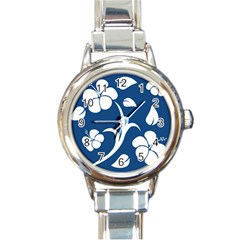 Blue Hawaiian Flower Floral Round Italian Charm Watch by Mariart