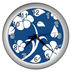 Blue Hawaiian Flower Floral Wall Clocks (silver) 