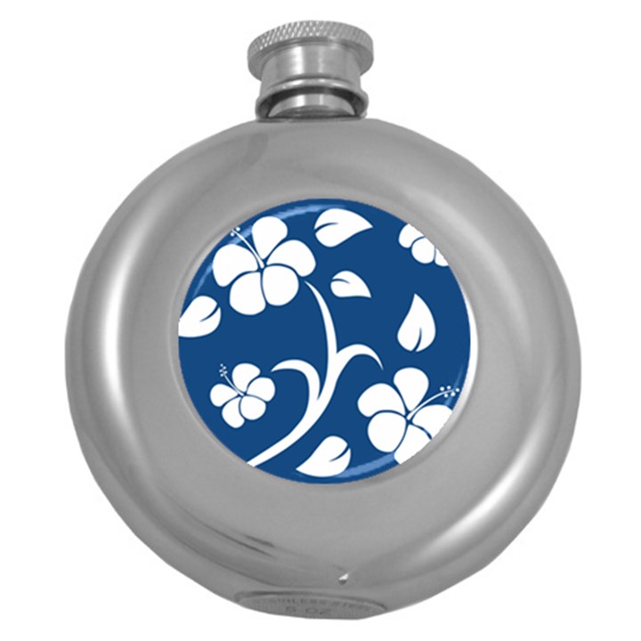 Blue Hawaiian Flower Floral Round Hip Flask (5 oz)