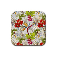 Flower Floral Red Green Tropical Rubber Coaster (square)  by Mariart