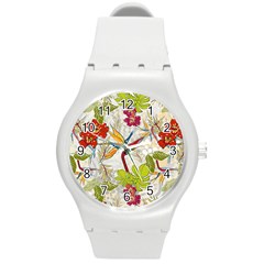 Flower Floral Red Green Tropical Round Plastic Sport Watch (m) by Mariart