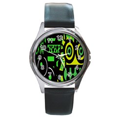 Half Grower Banner Polka Dots Circle Plaid Green Black Yellow Round Metal Watch by Mariart