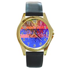 Glitchdrips Shadow Color Fire Round Gold Metal Watch by Mariart