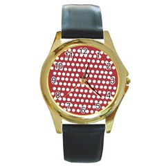 Pink White Polka Dots Round Gold Metal Watch