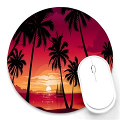 Nature Palm Trees Beach Sea Boat Sun Font Sunset Fabric Round Mousepads