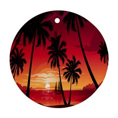 Nature Palm Trees Beach Sea Boat Sun Font Sunset Fabric Ornament (round) by Mariart