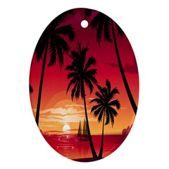 Nature Palm Trees Beach Sea Boat Sun Font Sunset Fabric Ornament (oval)