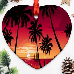 Nature Palm Trees Beach Sea Boat Sun Font Sunset Fabric Ornament (heart) by Mariart