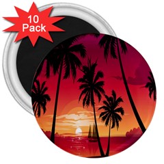 Nature Palm Trees Beach Sea Boat Sun Font Sunset Fabric 3  Magnets (10 Pack)  by Mariart