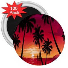 Nature Palm Trees Beach Sea Boat Sun Font Sunset Fabric 3  Magnets (100 Pack) by Mariart