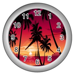 Nature Palm Trees Beach Sea Boat Sun Font Sunset Fabric Wall Clocks (silver) 