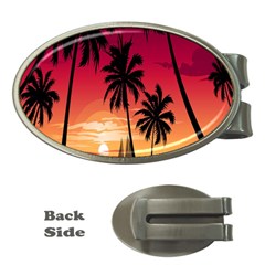 Nature Palm Trees Beach Sea Boat Sun Font Sunset Fabric Money Clips (oval) 