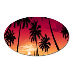 Nature Palm Trees Beach Sea Boat Sun Font Sunset Fabric Oval Magnet by Mariart