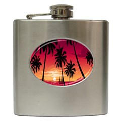 Nature Palm Trees Beach Sea Boat Sun Font Sunset Fabric Hip Flask (6 Oz) by Mariart