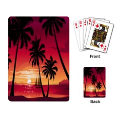 Nature Palm Trees Beach Sea Boat Sun Font Sunset Fabric Playing Card by Mariart