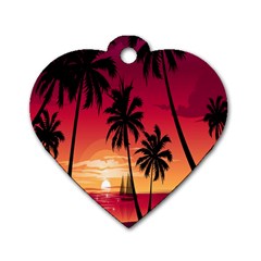 Nature Palm Trees Beach Sea Boat Sun Font Sunset Fabric Dog Tag Heart (one Side) by Mariart