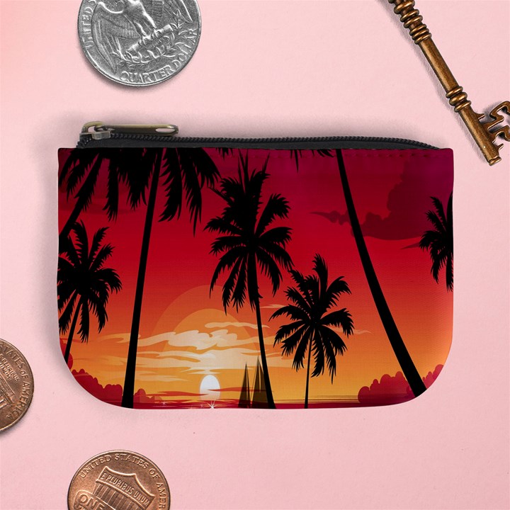 Nature Palm Trees Beach Sea Boat Sun Font Sunset Fabric Mini Coin Purses