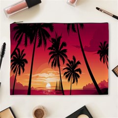 Nature Palm Trees Beach Sea Boat Sun Font Sunset Fabric Cosmetic Bag (xl) by Mariart