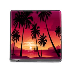 Nature Palm Trees Beach Sea Boat Sun Font Sunset Fabric Memory Card Reader (square) by Mariart