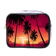 Nature Palm Trees Beach Sea Boat Sun Font Sunset Fabric Mini Toiletries Bags by Mariart