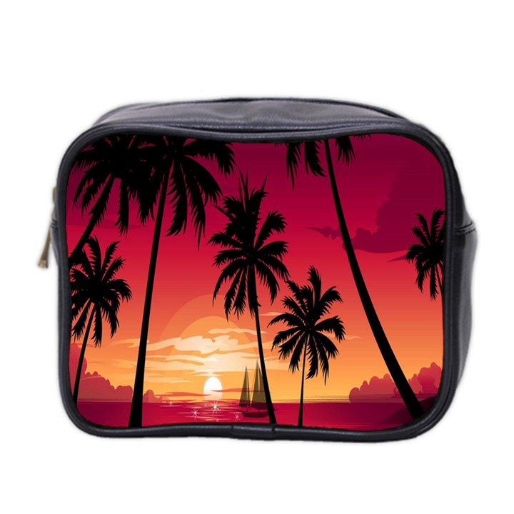 Nature Palm Trees Beach Sea Boat Sun Font Sunset Fabric Mini Toiletries Bag 2-Side