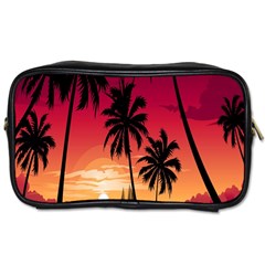 Nature Palm Trees Beach Sea Boat Sun Font Sunset Fabric Toiletries Bags by Mariart