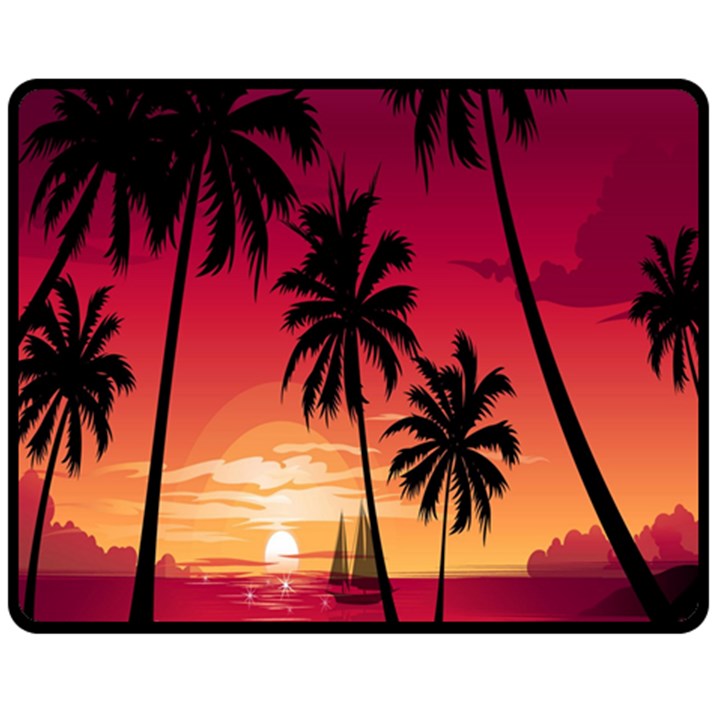 Nature Palm Trees Beach Sea Boat Sun Font Sunset Fabric Fleece Blanket (Medium) 