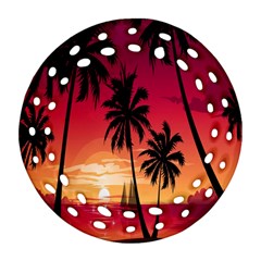 Nature Palm Trees Beach Sea Boat Sun Font Sunset Fabric Ornament (round Filigree) by Mariart