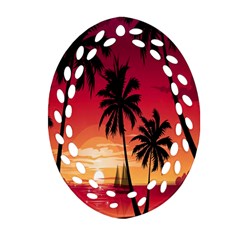 Nature Palm Trees Beach Sea Boat Sun Font Sunset Fabric Oval Filigree Ornament (two Sides) by Mariart