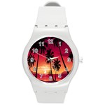 Nature Palm Trees Beach Sea Boat Sun Font Sunset Fabric Round Plastic Sport Watch (M) Front