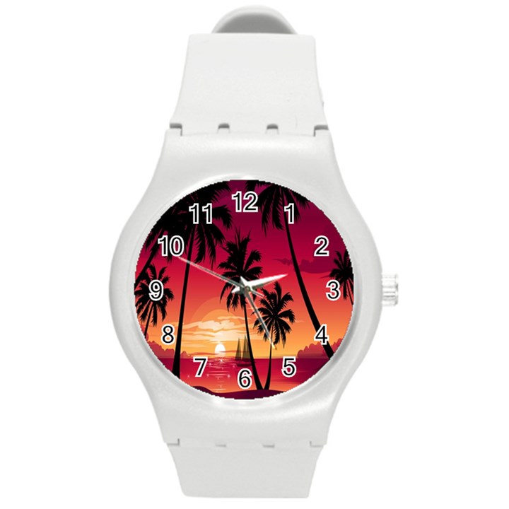 Nature Palm Trees Beach Sea Boat Sun Font Sunset Fabric Round Plastic Sport Watch (M)