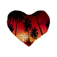 Nature Palm Trees Beach Sea Boat Sun Font Sunset Fabric Standard 16  Premium Heart Shape Cushions by Mariart