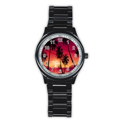 Nature Palm Trees Beach Sea Boat Sun Font Sunset Fabric Stainless Steel Round Watch by Mariart