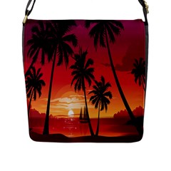 Nature Palm Trees Beach Sea Boat Sun Font Sunset Fabric Flap Messenger Bag (l)  by Mariart