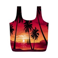 Nature Palm Trees Beach Sea Boat Sun Font Sunset Fabric Full Print Recycle Bags (m)  by Mariart