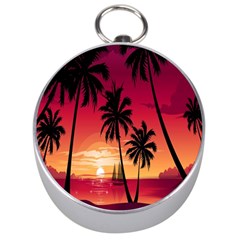 Nature Palm Trees Beach Sea Boat Sun Font Sunset Fabric Silver Compasses by Mariart