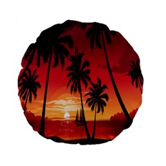 Nature Palm Trees Beach Sea Boat Sun Font Sunset Fabric Standard 15  Premium Flano Round Cushions by Mariart