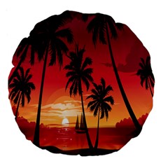 Nature Palm Trees Beach Sea Boat Sun Font Sunset Fabric Large 18  Premium Flano Round Cushions by Mariart