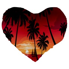 Nature Palm Trees Beach Sea Boat Sun Font Sunset Fabric Large 19  Premium Flano Heart Shape Cushions