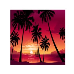 Nature Palm Trees Beach Sea Boat Sun Font Sunset Fabric Small Satin Scarf (square) by Mariart