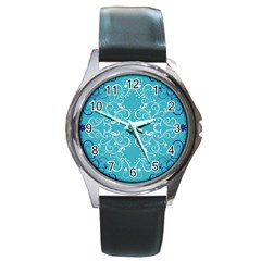 Repeatable Flower Leaf Blue Round Metal Watch by Mariart