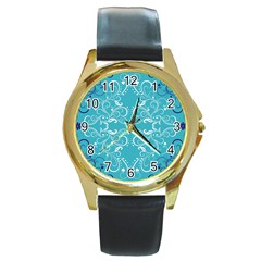 Repeatable Flower Leaf Blue Round Gold Metal Watch