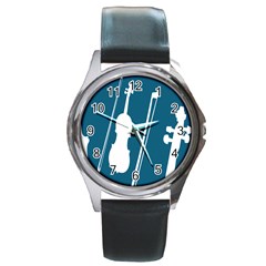 Violin Music Blue Round Metal Watch