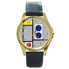 Watermark Circle Polka Dots Black Red Yellow Plaid Round Gold Metal Watch