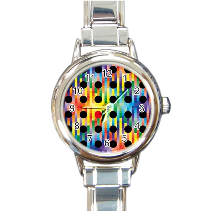 Watermark Circles Squares Polka Dots Rainbow Plaid Round Italian Charm Watch