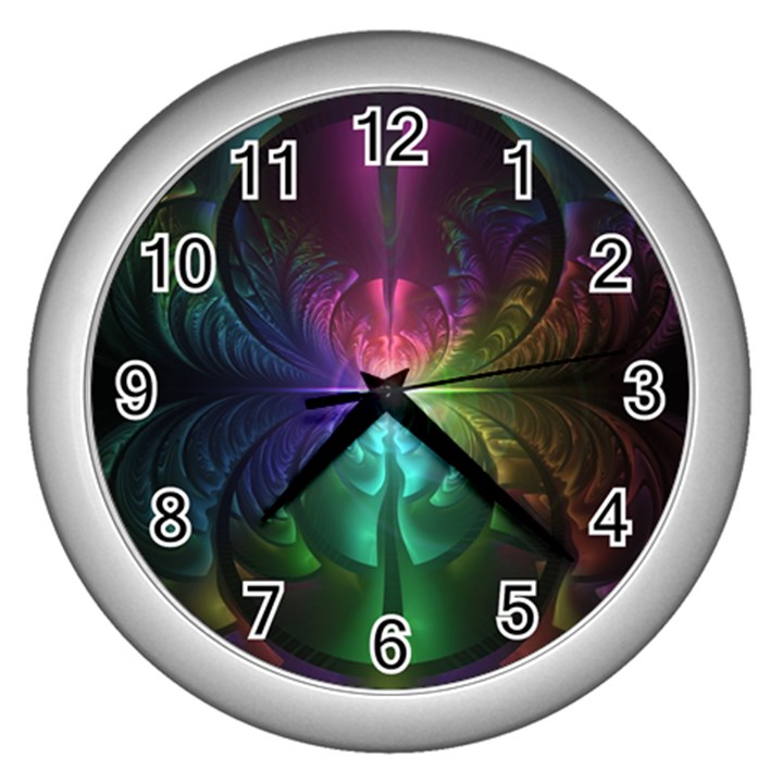 Anodized Rainbow Eyes And Metallic Fractal Flares Wall Clocks (Silver) 