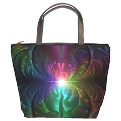 Anodized Rainbow Eyes And Metallic Fractal Flares Bucket Bags by jayaprime