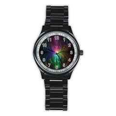 Anodized Rainbow Eyes And Metallic Fractal Flares Stainless Steel Round Watch by jayaprime