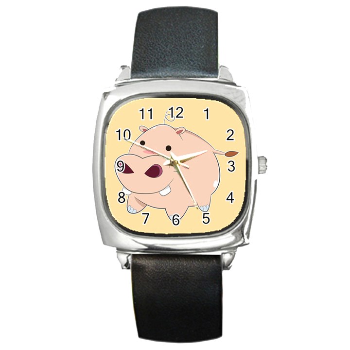 Happy Cartoon Baby Hippo Square Metal Watch