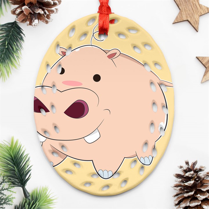 Happy Cartoon Baby Hippo Ornament (Oval Filigree)